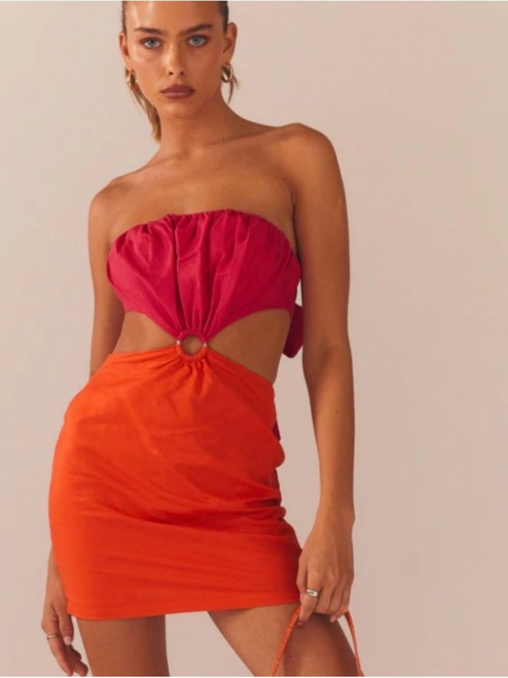 Peppermayo Sunset Splice Two-Tone Mini Dress in Orange & Pink